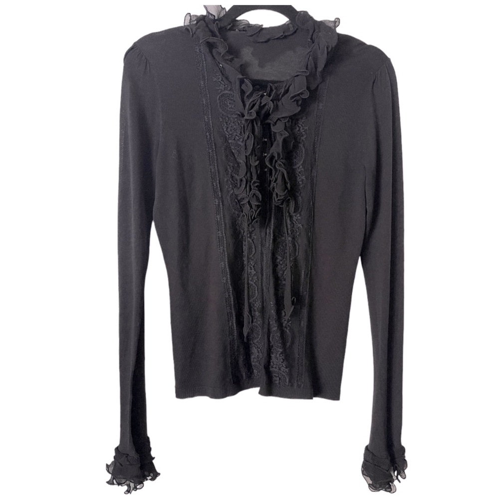 Elie Tahari Lace Silk‎ Cotton Black Ruffle Convertible Collar Cardigan